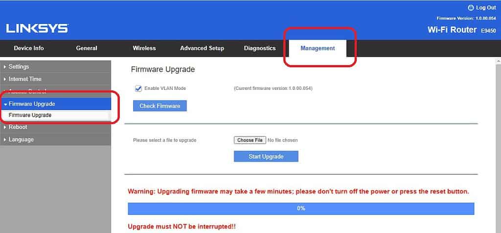 Go to linksys firmware upgrade settings