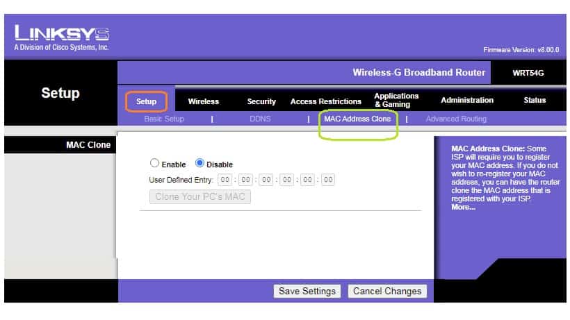 Mac cloning in linksys router