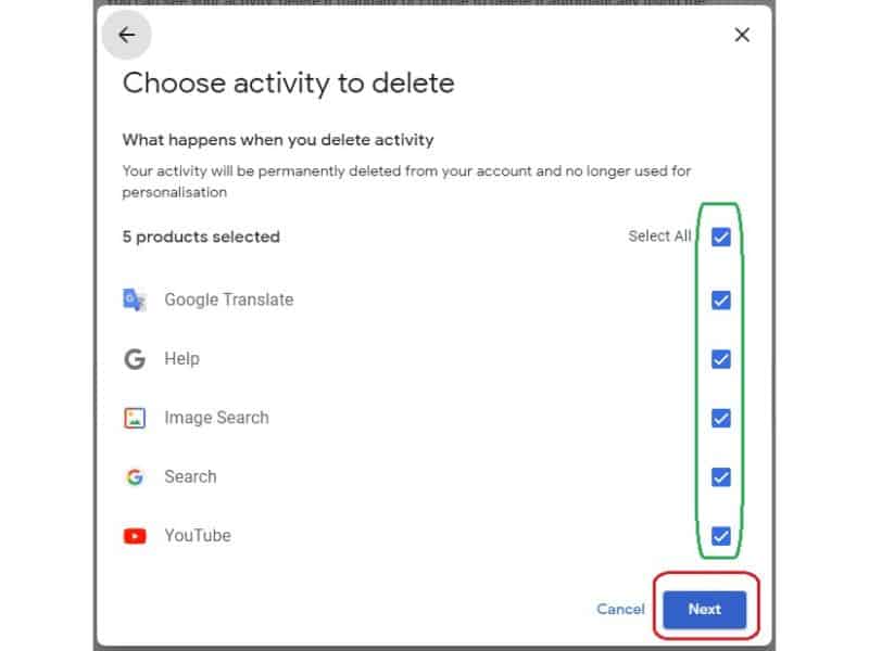 Select all chrome web history