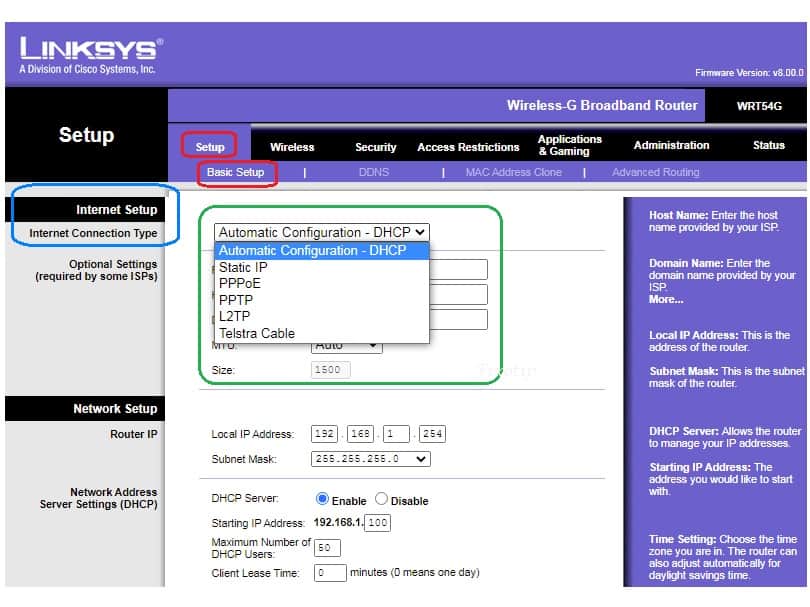 Setup linksys router inetrnet connection type