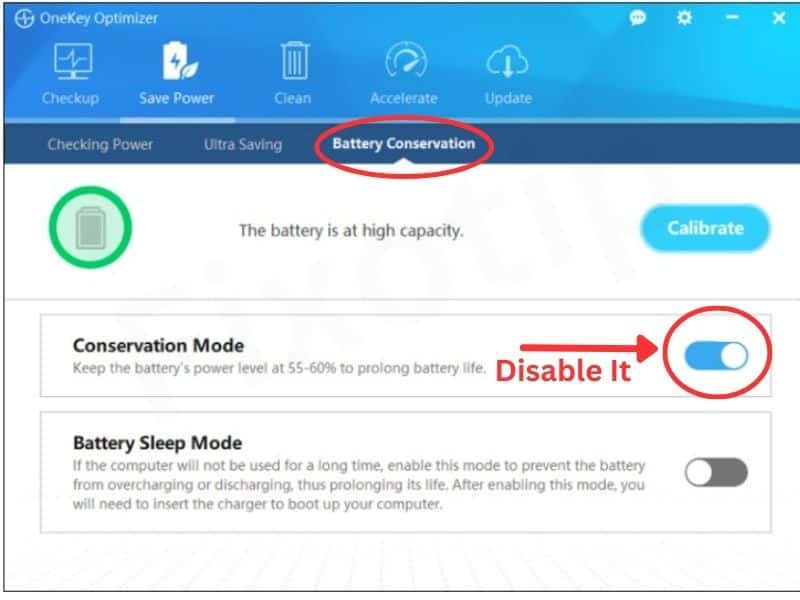 Disable conservation mode to fix lenovo laptop battery not charging